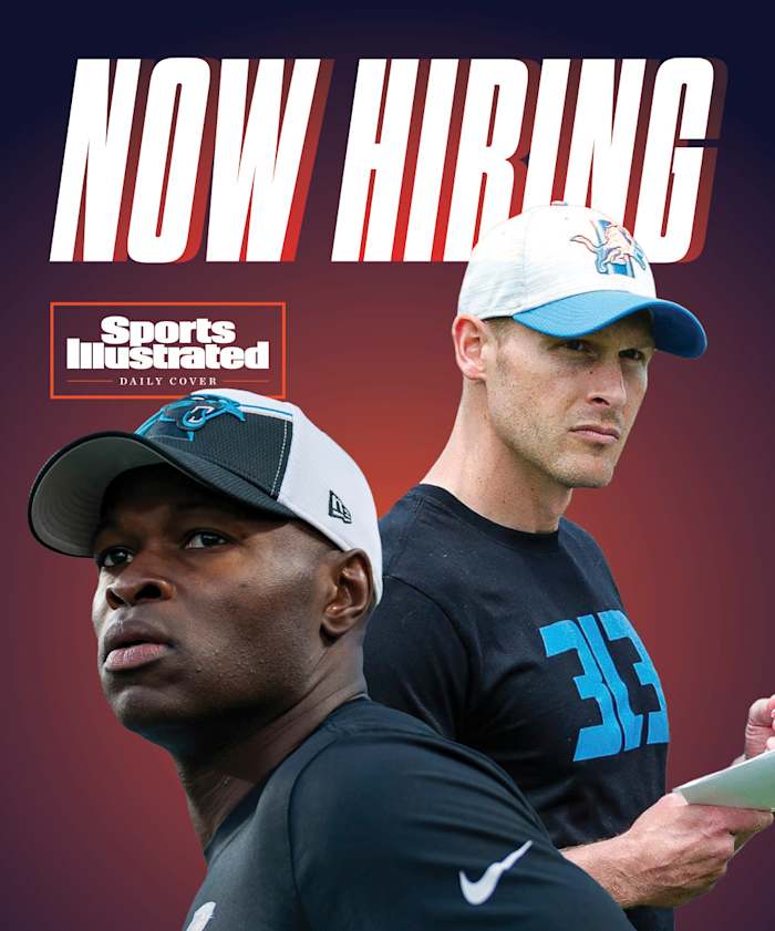 A graphic with pictures of NFL coaches Ben Johnson and Ejiro Evero that says NOW HIRING.